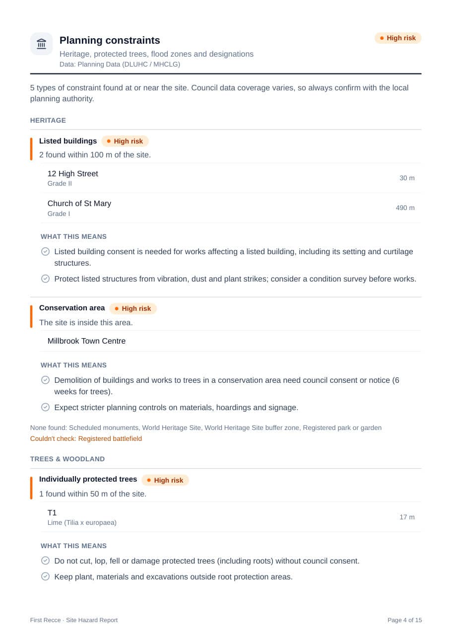 Report page: planning constraints